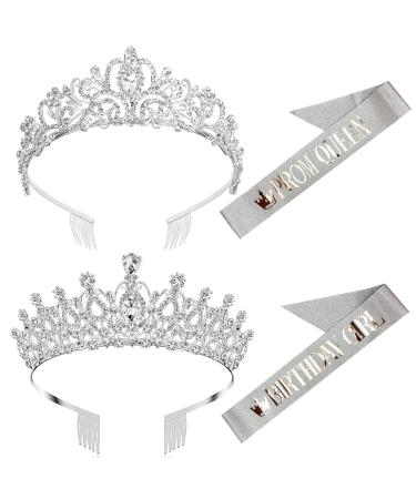 Tiara Crowns for Women Birthday 4pcs Silver Princess Tiara Queen Crown & Birthday Girl Prom Queen Sash for Birthday Bridal Cosplay Wedding Hair Accessories