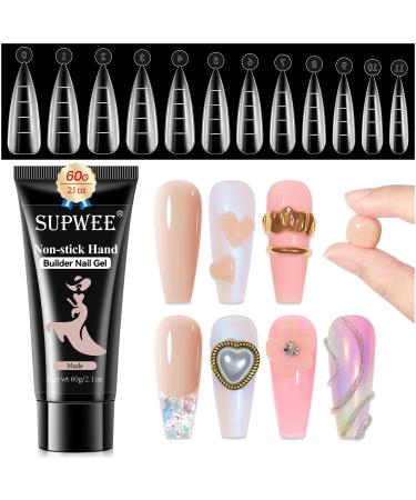 SUPWEE Solid Builder Gel Kit 60g Multifunctional Nude Poly Nail Extension Gel Non-Sticky Hand with 24 Nail Tips Decoration Nail Art Gel for Nails Manicure DIY at Home SW60 Nude