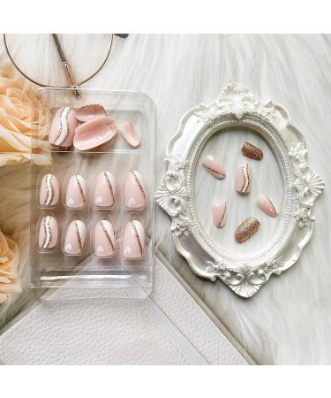 Pink Short Almond Press on Nails with White Heart Design - 24Pcs | Glossy Acrylic Fake Nails for Women and Girls - Buy Online on GoSupps.com