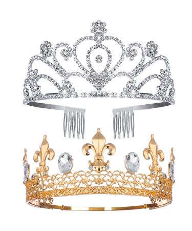 2 Pieces Crystal Tiara Crowns Gold Silver Crown for Men and Women Royal King Crown Princess Crown with Combs Bridal Crown Hair Accessories for Birthday Wedding Party