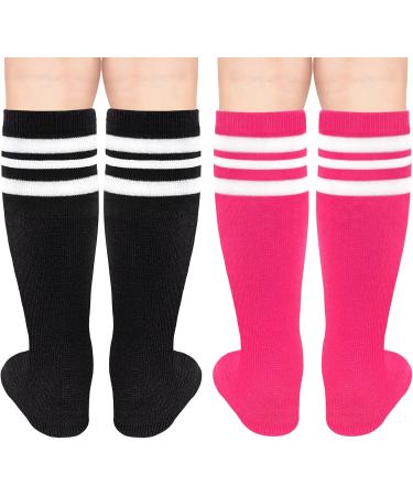 Kids Toddler Soccer Socks - 2 Pack Knee High Cotton Striped Tube Socks (3-6 Years) - Hot Pink/White, Black/White - Buy Online on GoSupps.com