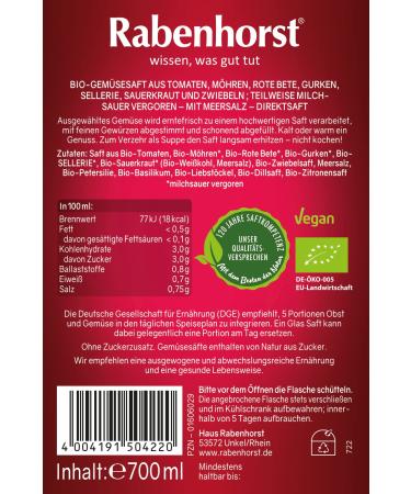 RABENHORST Organic Vegetable Juice Pack of 6 (6 x 700ml) - Premium Quality International Shipping - Buy Online on GoSupps.com