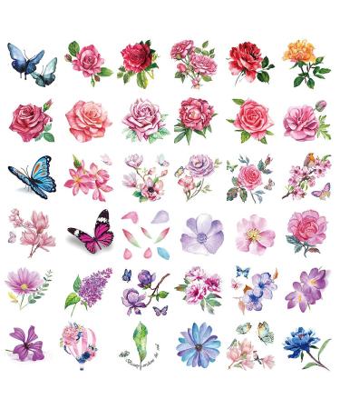 40 Sheets Flowers Temporary Tattoos Small Stickers 3D Rose Peony Lavender Leaf Butterfly Flower Collection Waterproof Fake Tattoos for Women Girl  Watercolor Floral Body Art Tattoo Stickers