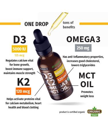 Organic Vitamin D3 K2 Drops with MCT Oil & Omega 3 Ã¢â¬â 5000 IU  2 Fl Oz - 2 Pack - Buy Online on GoSupps.com
