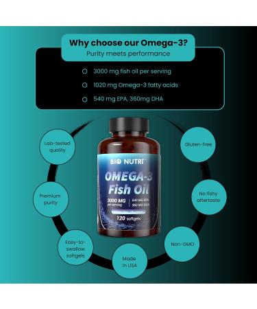 BIO NUTRI Fish Oil Omega 3 Supplements - 3000mg Fish Oil with EPA DHA - Omega 3 Fatty Acid Support - 120 Softgels - Buy Online on GoSupps.com
