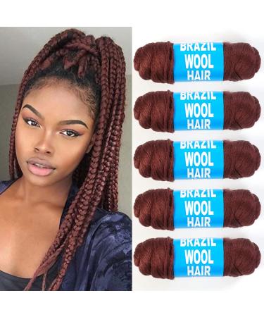 Brazilian Yarn Wool Hair for Braids Braiding Hair with Yarn 100% Acrylic Brazilian Wool Hair for African Crochet Braided Hair Senegalese Twist Box Braids Faux Locs with Yarn Hair (Pack of 5 Reddish Brown)