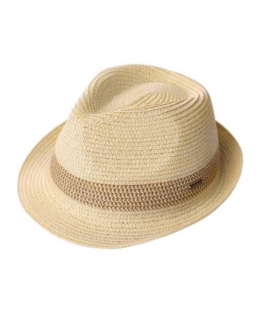 Fancet Packable Straw Fedora Panama Sun Summer Beach Hat Cuban Trilby Men Women 55-64cm XX-Large 16010-beige