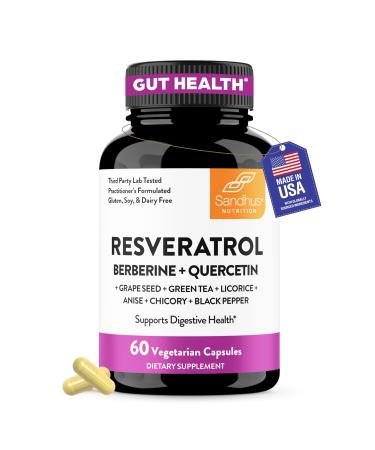 Resveratrol with Berberine Supplement For Gut Health Support | 60 Digestive Capsules For Women & Men | With Green Tea Extract Star Anise DGL Grape Seed & Quercetin | Helps Ease Bloating & Digestion 60 Count (Pack of 1)