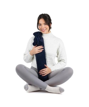 LIVIVO 2L Extra Long Hot Water Bottle with Soft Removable and Washable Cover - Giant 75cm Size Natural Rubber (Navy with Pom-Pom)