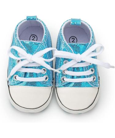 BAIELey Baby High Top Canvas Sneakers | Lace Up Bling Sequins | Soft Sole First Walkers Shoe 12-18 Months Blue - Buy Online on GoSupps.com