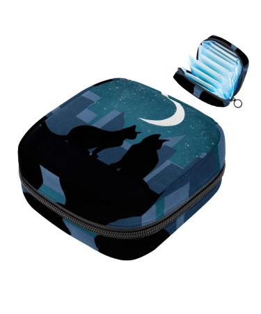 Night Black Cat Silhouette Sanitary Napkin Storage Pocket Servant Period Bag for Women Teenage Girls Menstrual Cup Pocket Stilling Document Halter