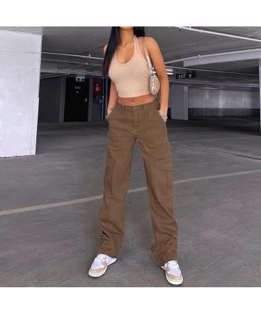 High Waist Baggy Cargo Pants | Teen Girls Women Fashion Lounge Trousers | Y2K E-Girl Streetwear Brown Medium - Buy Online on GoSupps.com