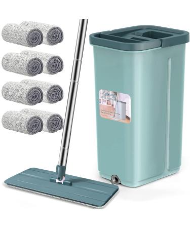 Floor Mop and Bucket Set, Aifacay Flat Mop Bucket System Flexible Mop Head 8 Reusable Microfiber Pads Home Hardwood Floor Mop Bucket with Wringer Extended Stainless Steel Handle Mop for Wood, Vinyl