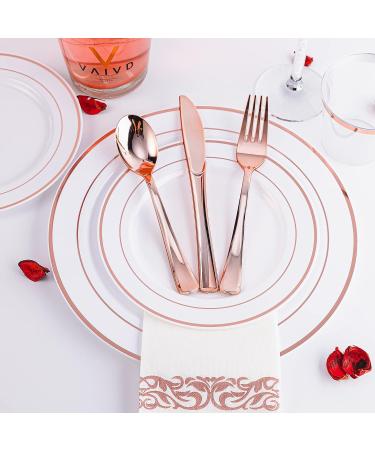 Rose Gold Plastic Silverware Set - 300 Pack Heavy Duty Disposable Cutlery for Parties - Includes 100 Forks, 100 Spoons, 100 Knives - Elegant Rose Gold Utensils - Buy Online on GoSupps.com