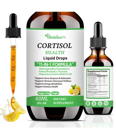 Cortisol Supplements Liquid Drops for Women 11-in-1 Formula with Ashwagandha Rhodiola Chasteberry L-Theanine Magnesium Folate(2 FL.OZ Lemon) Lemon 60 Count (Pack of 1)