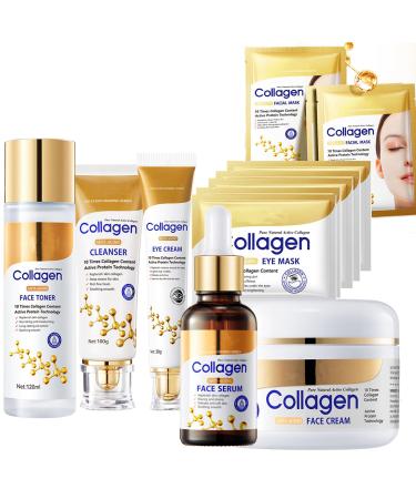 Collagen face wash sets for women 13 Pcs Skin Care Set Facial Kit with Facial Cleanser Toner Eye Cream Face Serum Face Cream Face Mask Eye Mask Collagen-13