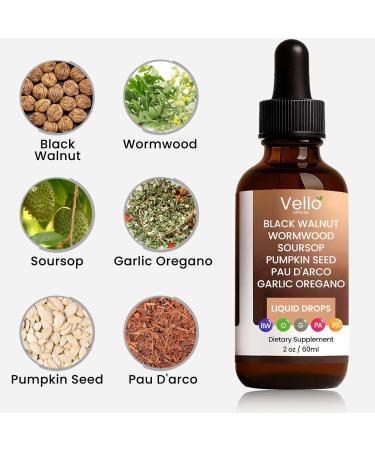 Vello Official Black Walnut Wormwood Gut Cleanse | Wormwood Black Walnut Clove Cleanse with Soursop Pumpkin Seed PAU D'arco Garlic Oregano | Gentle Gut Cleanse - 2 OZ (1 Bottle) - Buy Online on GoSupps.com