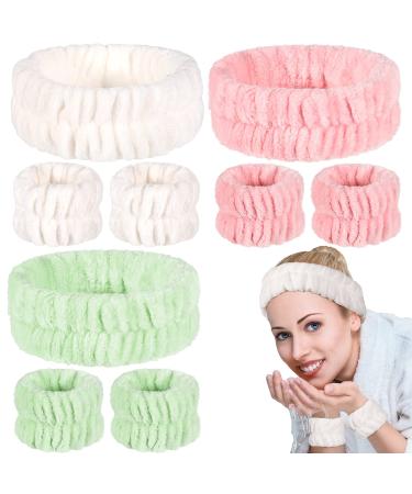 WILLBOND 9 Pieces Spa Headband Wrist Washband Set  3 Pieces Coral Fleece Facial Makeup Headband High Elastic Hair Band and 6 Pieces Wrist Washband  Face Wash Set for Women Girls (White  Pink  Green) Green Pink White