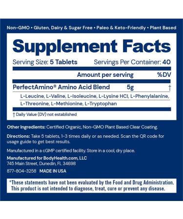 BodyHealth PerfectAmino Tablets - Vegan Essential Amino Acids & BCAAs for Muscle Recovery | Easy to Swallow 40 Servings (200 Count - Buy Online on GoSupps.com