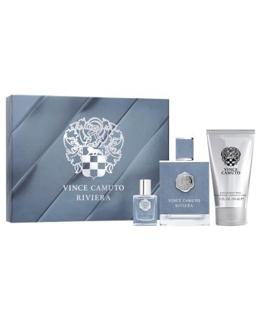 Vince Camuto Riviera 3 PC Men's Gift Set Notes of Italian Lemon Lavender Oil and Patchouli Christmas Gift for Him Eau de Toilette 3.4 Fl Oz + Travel Size 0.5 Fl Oz + 5 Fl Oz Hair & Body Wash