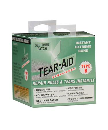 TEAR-AID Vinyl Repair Kit Type B Clear Patch for Vinyl and Vinyl-Coated  Materials Works on Vinyl Tents Awnings Air Matresses Pool Liners More Green  Box Vinyl Repair (Pack of 1)