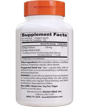 Doctor's Best Extra Strength Ginkgo 120mg - 120 Count (Non-GMO, Gluten Free, Vegan, Soy Free) - Promotes Mental Function and Memory - Buy Online on GoSupps.com