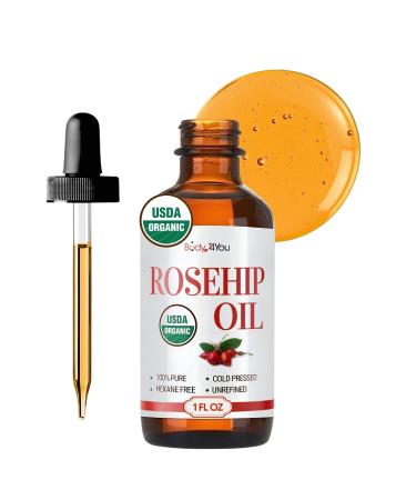BodyJ4You Rosehip Oil for Face - 100% Pure Natural USDA Organic Cold Pressed - Hydrating Skin Hair Nails Anti-Aging Wrinkle Scar Treatment Gua Sha - Non-GMO Undiluted Carrier - Glass Bottle 1 Fl Oz 1 Fl Oz (Pack of 1)