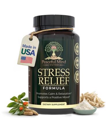Peaceful Mind Centers Stress Relief Formula - Natural Ashwagandha Capsules GMO Free - unflavoured Quality Herbal Wellness Supplement for Relaxation and Mental clarity-60-count