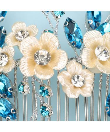 Bridal White Flower Blue Crystal Rhinestone Hair Comb for Bride - Wedding Hair Accessories - Buy Online on GoSupps.com