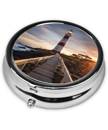 Lighthouse Printed Mini Round Pill Box - 3 Compartment Travel Organizer Portable Medicine Case for Home & Office Use - Buy Online on GoSupps.com