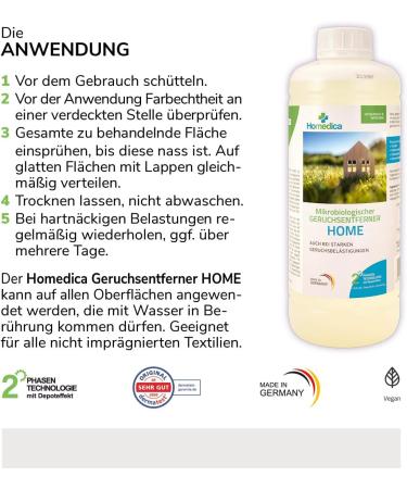 Homedica Odor Remover 1L + 500ml Refill - Vegan Microbiological Cleaner for Textiles Upholstery & Animal Skins - Made in Germany - Buy Online on GoSupps.com
