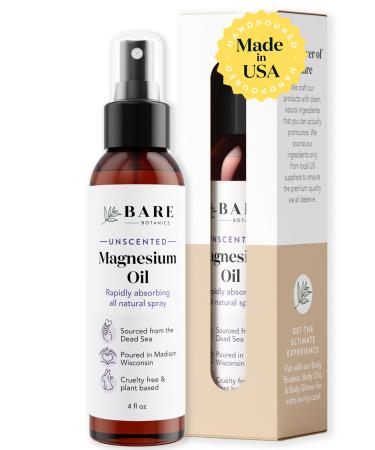 Bare Botanics Magnesium Oil Spray 4oz Unscented | Topical Magnesium Chloride Mist from The Dead Sea | Handpoured in Madison WI 4 Fl Oz (Pack of 1)