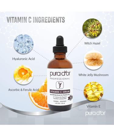 PURA D'OR 25% Vitamin C Serum (4oz) Set with Hyaluronic Acid, Retinol & Derma Roller - Skin Care Kit for Dark Spots, Acne, Wrinkles - Men & Women - Buy Online on GoSupps.com