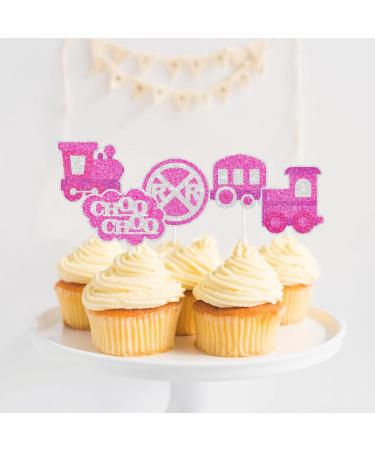Pink Glitter Kids Train-Themed Happy Birthday Cupcake Toppers Set of 18 - Perfect for a girl's train birthday party baby shower party or themed railroad party Choo-choo decorations - SugarGera - Buy Online on GoSupps.com