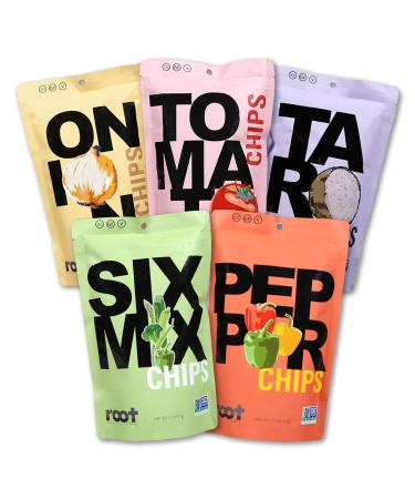 Root Foods Vegetable Chips Variety Veggie Snack Pack Tomato, Bell Pepper, Taro, Onion, SixMix, Non-GMO Chip with Sea Salt, Vegan, Gluten Free, Halal, Kosher, up to 2.75oz Bags depending on veggie, 5 Pack Variety 2.75 Ounce…