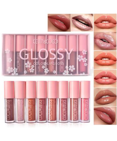 HONGZHUANG 8PCS High Shimmer Liquid Lip Gloss Set  Glitter Nude Lipstick kit  Moisturizing and Plumping Make your Lip Full and Charming Gift Box for Women and Girls