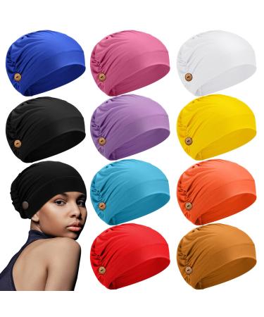 Geyoga 10 Pcs Soft Bouffant Caps with Buttons Gourd-Shape Caps Stretch Bouffant Hat Stretchy Headband Turban Bright Colors