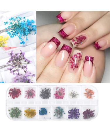 Dokpav 2 Boxes Dried Flowers for Nail Art - 24PC Green Leaves & Real Flower Set with Curved Tweezers | 3D Nail Art Accessories for Stunning Nail Decor - Buy Online on GoSupps.com