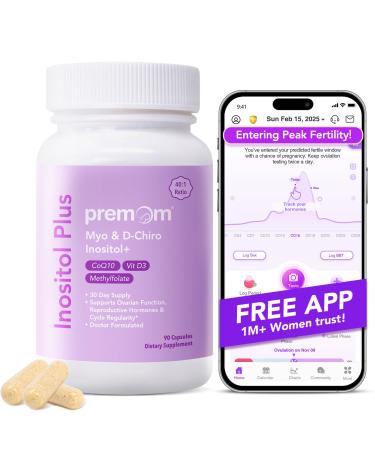 Premom Inositol Plus - 2000mg Myo-Inositol & 50mg D-Chiro Inositol CoQ10 Folate & Vitamin D3-40:1 Ratio - Supports Hormonal Balance Ovarian & Reproductive Health - 30 Day Supply