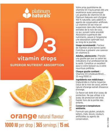 Platinum Naturals D3 Drops for Adults - Orange Flavored 15ml - High Potency Liquid Vitamin D Supplement 1000 IU per Drop - Supports Overall Wellness - Easy-to-Use Dropper - Buy Online on GoSupps.com