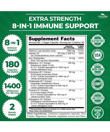 Zazzee Extra Strength 8-in-1 Immune Support - 180 Vegan Capsules | Vitamin C, D3, Zinc, Elderberry, Echinacea, Goldenseal, Turmeric, and Astragalus - 1400mg per Capsule, All-Natural - Buy Online on GoSupps.com