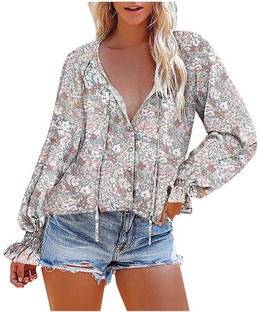 Womens Bohemian Floral Print Ruffled Top | Fall Long Sleeve Blouse 2022 | V Neck Lace Up Sweatshirt - XX-Large Gray - Buy Online on GoSupps.com