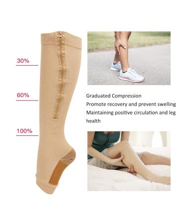 High Elastic Compression Socks with Zipper | Soft Nylon Washable Open Toe | Reusable Calf Support Stockings for Men & Women (L XL Skin Color) - Buy Online on GoSupps.com