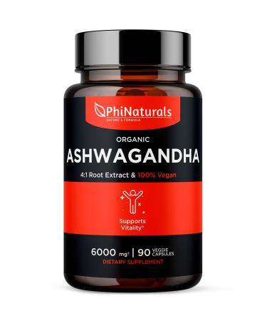 PhiNaturals Organic Ashwagandha Root Extract in Vegan Capsules Equal to 6000 Mg Root - Ashwaganda Supplement for Men and Women with 1500 Mg Per Serving 30 Servings - 500mg Per Vegan Capsule 90 Count