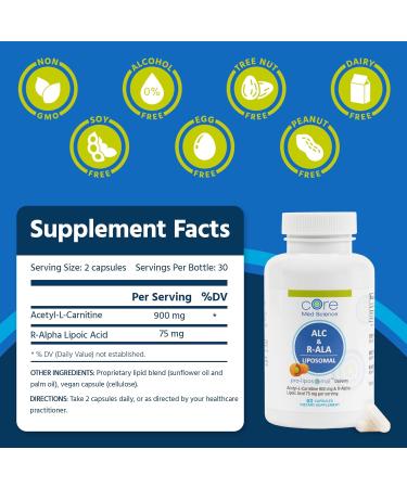 Core Med Science Liposomal ALC & R-ALA Capsules - 900mg Acetyl-L-Carnitine & 75mg R-Alpha Lipoic Acid for Energy Focus & Cognitive Support - 60 Count - Buy Online on GoSupps.com