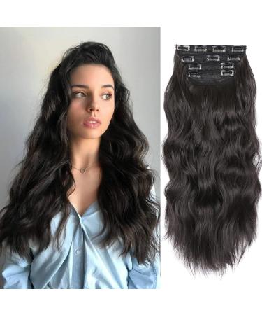 4PCS Hair Extensions Clip in 20 Inches Long Curly Clip in Hair Extension Synthetic Clip on Hair Extensions Soft Wavy Brown Hair Extensions (Color:Natural Black)