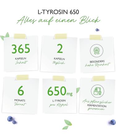 L-Tyrosine - 365 Vegan Capsules - Extra Heavily Dosed with 1300mg per Daily Serving - Pure Amino Acid from Plant Fermentation - Vegan - High Dose - Buy Online on GoSupps.com