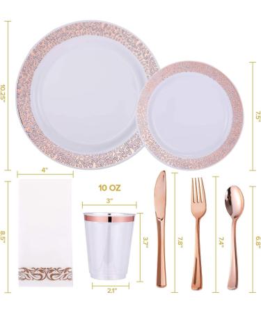 175 Piece Rose Gold Dinnerware Set -Disposable Dinnerware Set with 25 Guest-50 Rose Gold Rim Plastic Plates-25 Rose Gold Plastic Silverware-25 Rose Gold Plastic Cups-25 Linen Like Paper Napkins - Buy Online on GoSupps.com