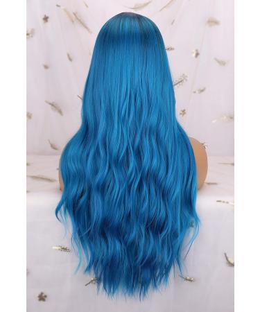Colorfulpanda Long Blue Ombre Wavy Wig for Women - 26 Inches, Heat Resistant Synthetic Hair with Dark Roots - Perfect Pastel Curly Style - Buy Online on GoSupps.com