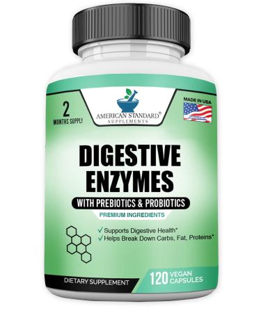 Digestive Enzymes Plus Probiotics & Prebiotics 120 Veggie Capsules For Digestion With Amylase Bromelain Papain Lipase Lactase Protease Papain Cellulase Vegan & Gluten Free 2 Month Supply